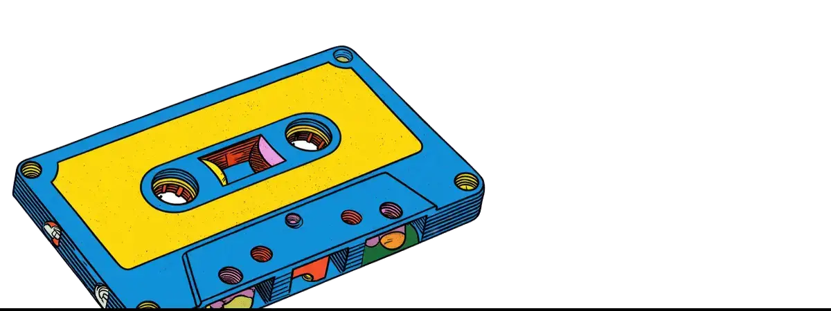 Blaue und gelbe Kassette, die die Pop-Art-Bewegung in der kulturellen Kritik der Gay Pop Art repräsentiert