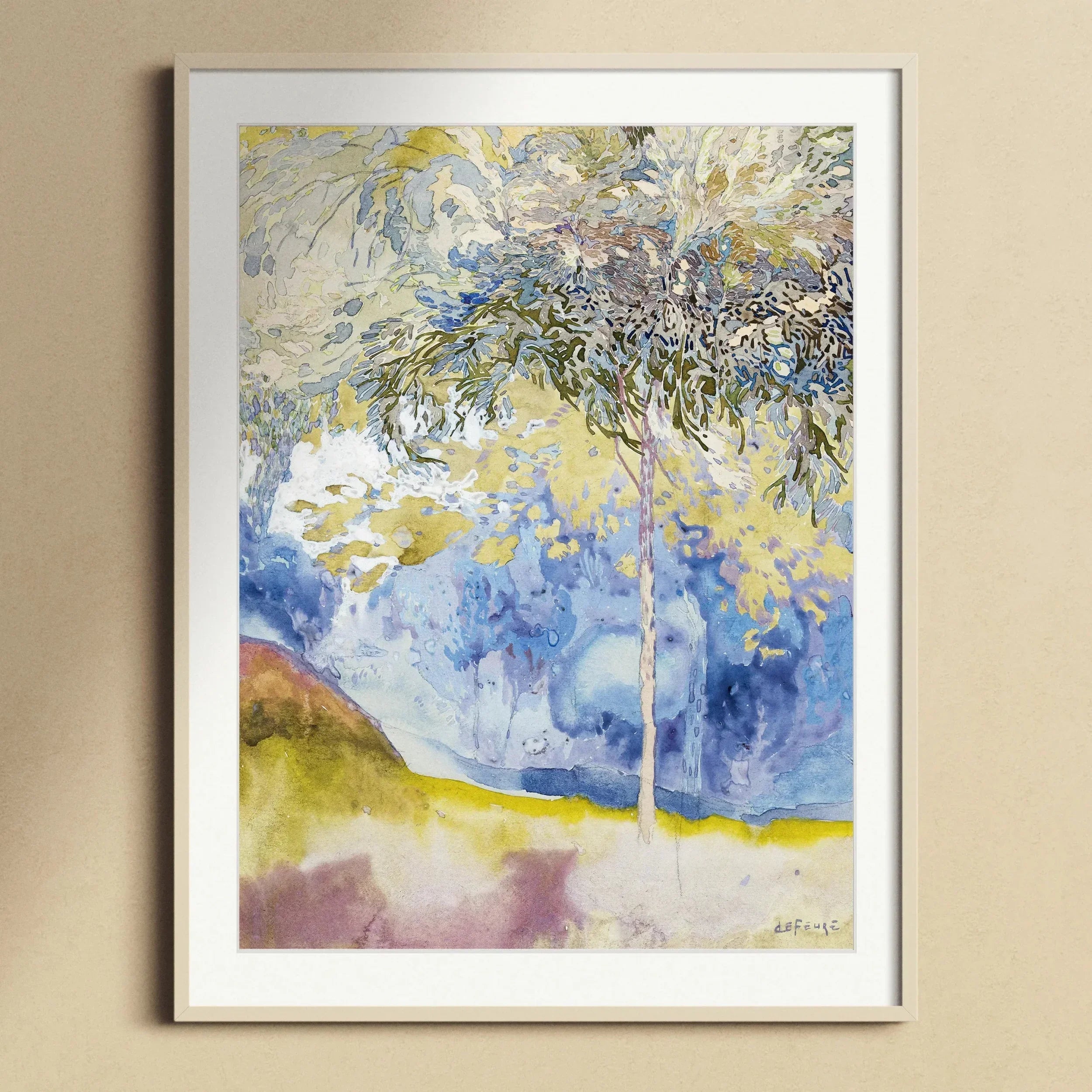 Boomrijk Landscape Georges De Feure Art Nouveau Print, Abstract Watercolor Painting Tree Blue Yellow Tones