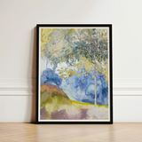 Framed Watercolor Landscape Painting Abstract Trees Blues Greens Feure’s Boomrijk, Art Nouveau Movement’s Graceful Fusion, Epitomizes