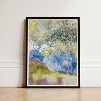 Framed Watercolor Landscape Painting Abstract Trees Blues Greens Feure’s Boomrijk, Art Nouveau Movement’s Graceful Fusion, Epitomizes