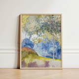 Framed Watercolor Landscape Painting Trees Soft Blues Yellows Feure’s Boomrijk, Art Nouveau Movement’s Graceful Fusion, Epitomizes