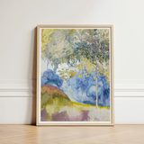 Framed Watercolor Landscape Painting Abstract Trees Soft Blues Feure’s Boomrijk, Art Nouveau Movement’s Graceful Fusion, Epitomizes