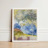 Framed Watercolor Landscape Painting Soft Blues Greens Yellows Feure’s Boomrijk, Art Nouveau Movement’s Graceful Fusion, Epitomizes