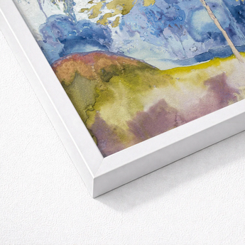 White Framed Watercolor Painting Blended Blues Greens Earthy Feure’s Boomrijk Landscape, Art Nouveau Movement’s Graceful Fusion, Epitomizes