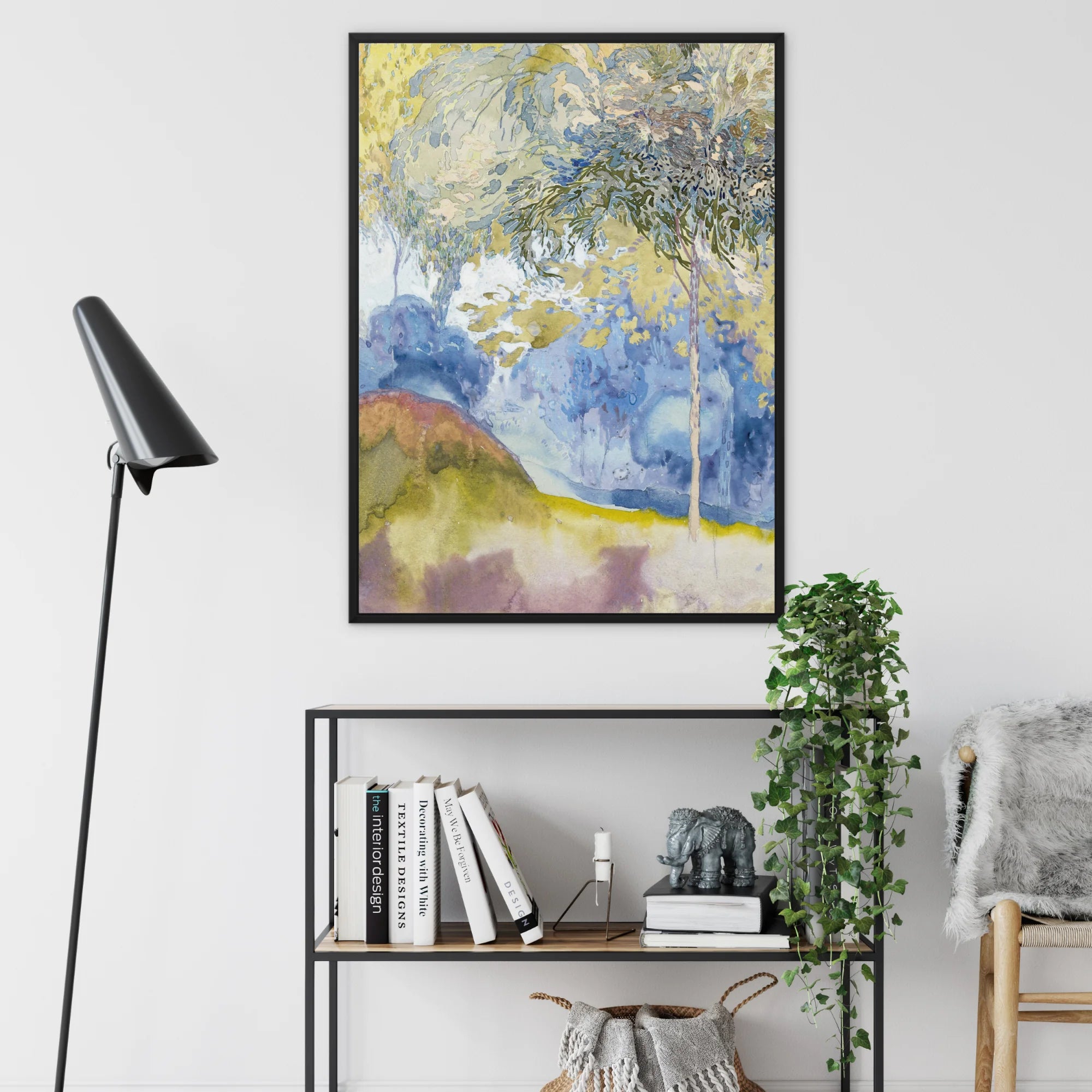 Boomrijk Landscape - Georges De Feure Framed Canvas, Abstract Watercolor Artwork Blues Yellows Grays Black Frame
