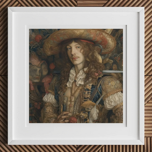 Botticelli’s Outlaw - Gay Renaissance Cowboy Art Print, 12x12’’ / 31x31cm / White Frame / 2’’ Matboard, Framed Painting Man Wide-brimmed Hat