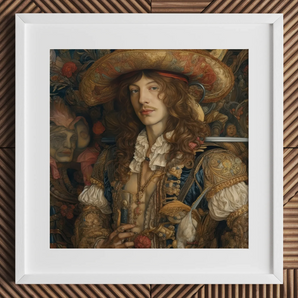 Botticelli-inspired Renaissance cowboy art print in white frame.