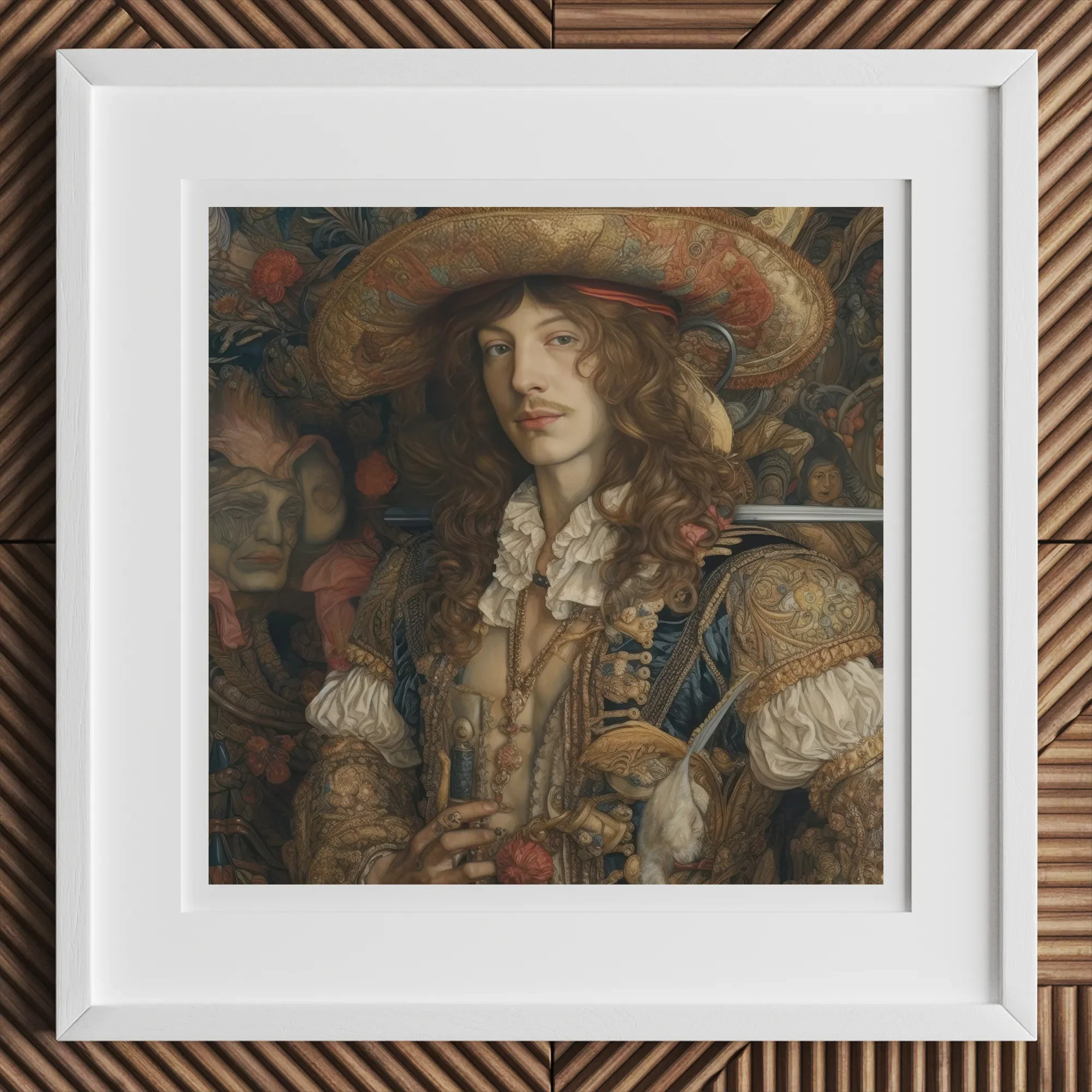 Botticelli’s Outlaw - Gay Renaissance Cowboy Art Print, 12x12’’ / 31x31cm / White Frame, Framed Painting Man Wide-brimmed Hat