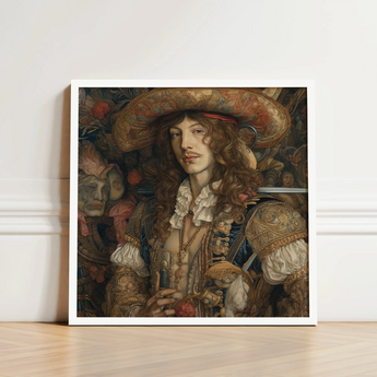 Framed Portrait Man Ornate Historical Attire Long Curly Gay Renaissance Cowboy, Art, Print