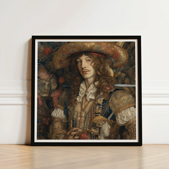 Framed Portrait Man Ornate Historical Attire Long Curly Gay Renaissance Cowboy, Art, Print