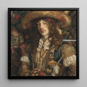 Botticelli’s Outlaw - Gay Renaissance Cowboy Framed Canvas, 12x12’’ / 31x31cm / Black Floating Frame, Ornate Portrait Man Hat