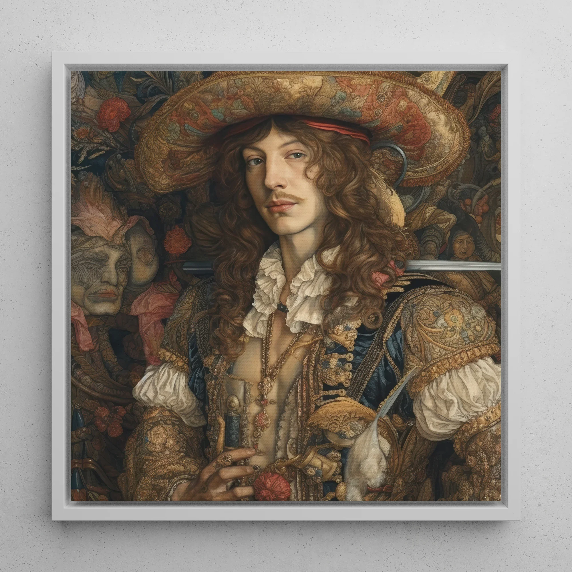Botticelli’s Outlaw - Gay Renaissance Cowboy Framed Canvas, 12’’x12’’ / White Floating Frame, Framed Portrait Man Renaissance Attire