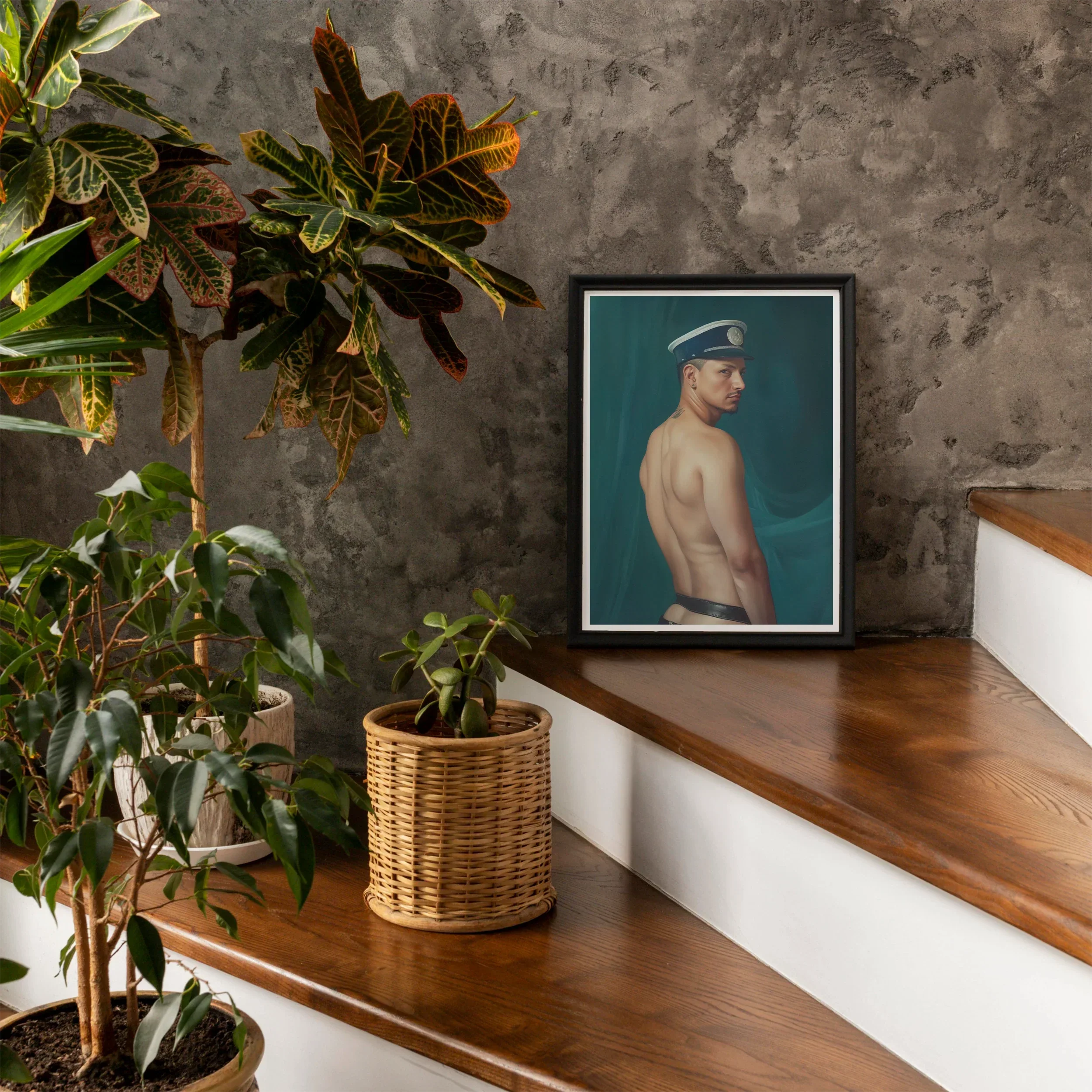 Bottoms Up - Gay Mexican Sailor Art Print, 12’’x16’’ / Unframed, Framed Portrait Shirtless Person Cap Teal Background