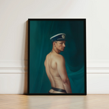 Framed Portrait Man Navy Blue White Cap Depicted Gay Mexican Sailor, Sailor’s Essence, Seafaring Stare