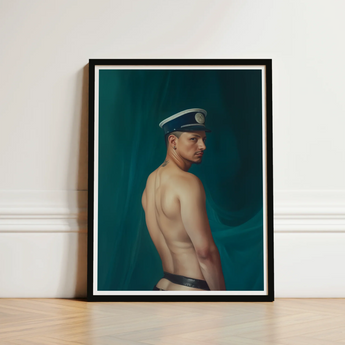 Framed Portrait Man Navy Cap Black Belt Set Gay Mexican Sailor, Sailor’s Essence, Seafaring Stare
