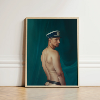 Framed Portrait Man Profile Navy Blue White Peaked Gay Mexican Sailor, Sailor’s Essence, Seafaring Stare