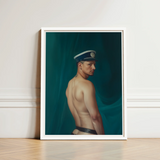 Framed Portrait Man Profile Navy Blue Cap White Gay Mexican Sailor, Sailor’s Essence, Seafaring Stare