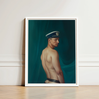 Framed Portrait Man Profile Navy Blue Cap White Gay Mexican Sailor, Sailor’s Essence, Seafaring Stare