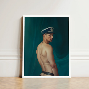 Framed Portrait Man Profile Navy Blue Cap White Gay Mexican Sailor, Sailor’s Essence, Seafaring Stare