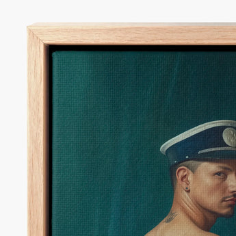 Framed Canvas Painting Man Profile Navy Blue Cap Gay Mexican Sailor, Sailor’s Essence, Seafaring Stare
