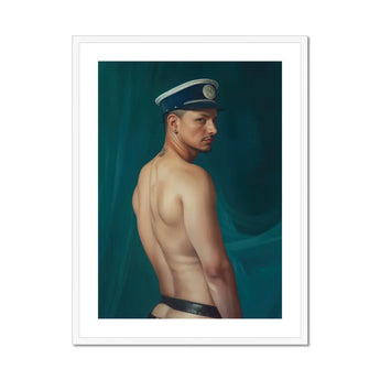 Bottoms Up - Gay Mexican Sailor Art Print, Shirtless Figure Sailor’s Cap Poses Dark Backdrop