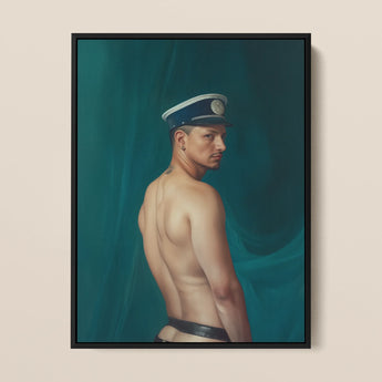 Bottoms Up - Gay Mexican Sailor Framed Canvas, 12x16’’ / 31x41cm / Black Floating Frame, Framed Painting Shirtless Man Hat