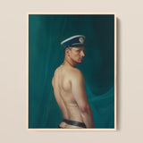 Bottoms Up - Gay Mexican Sailor Framed Canvas, 12x16’’ / 31x41cm / Natural Floating Frame, Painting Shirtless Man Blue White Cap