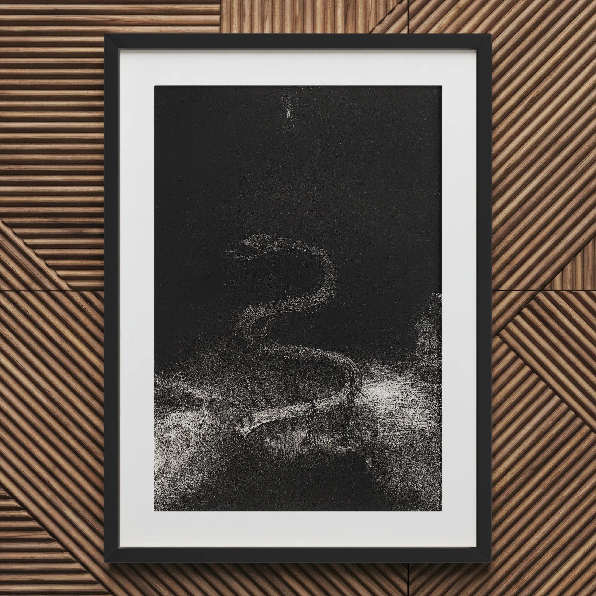 And Bound Him a Thousand Years - Odilon Redon Art Print, 20x30’’ / 51x76cm / Black Frame / 2’’ Matboard, Framed Black White Artwork Chained