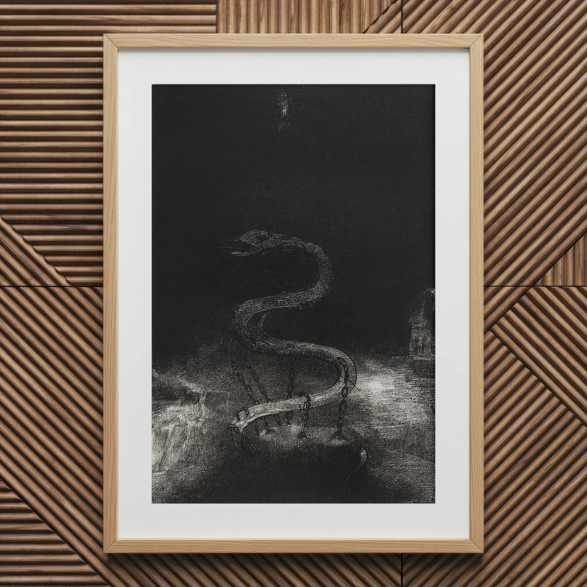 And Bound Him a Thousand Years - Odilon Redon Art Print, 20x30’’ / 51x76cm / Natural Frame / 2’’ Matboard, Framed Black White Print Chained