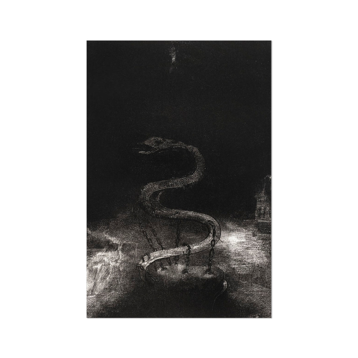 And Bound Him a Thousand Years - Odilon Redon Art Print, Dark Chained Serpentine Creature Desolate Landscape
