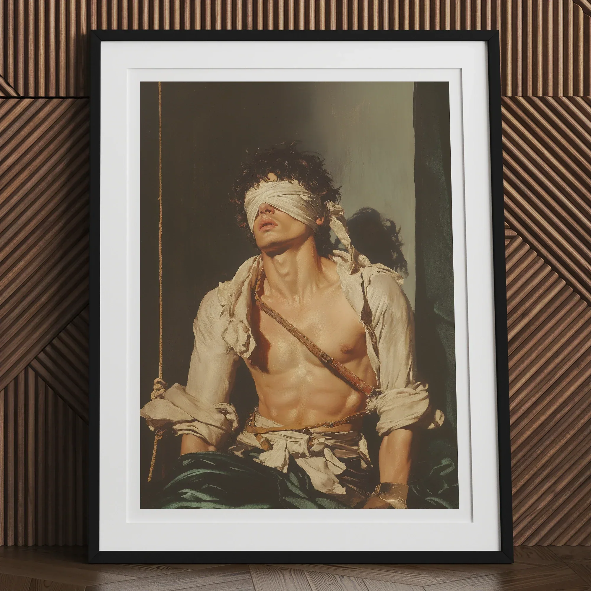 Boundless - Neoclassical Bondage Homoerotica Art Print, 12x16’’ / 31x41cm / Black Frame, Framed Painting Blindfolded Man