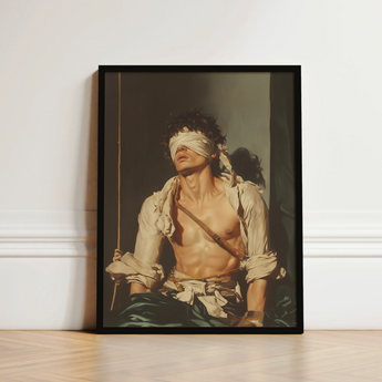 Black-framed Art Print Muscular Man Dark Curly Hair Neoclassical Homoeroticism Meets Quiet Defiance, Bondage Homoerotica
