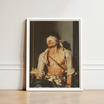 Framed Art Print Muscular Man Dark Hair Blindfolded Neoclassical Homoeroticism Meets Quiet Defiance, Bondage Homoerotica