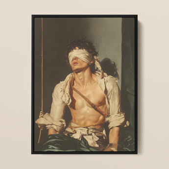 Boundless - Neoclassical Bondage Homoerotica Art Print / Canvas Black-framed Artwork Muscular Man Dark Curly Hair Blindfolded Neoclassical