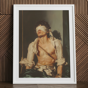 Boundless - Neoclassical Bondage Homoerotica Art Print / Canvas White Framed Poster Blindfolded Man Distressed Clothing Neoclassical