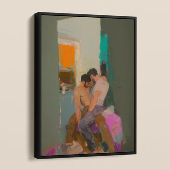 Bounty - Grungy Gay Love Framed Canvas, Painting Two Men Bold Brushstrokes Vibrant Colors