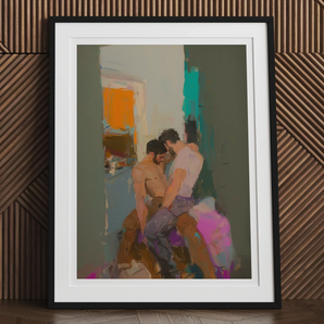 Bounty - Grungy Gay Romance Art Print, 12x16’’ / 31x41cm / Black Frame / 2’’ Matboard, Framed Abstract Painting Three Men