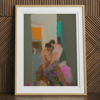 Bounty - Grungy Gay Romance Art Print, 12x16’’ / 31x41cm / Natural Frame / 2’’ Matboard, Framed Impressionistic Painting Two Men Embrace
