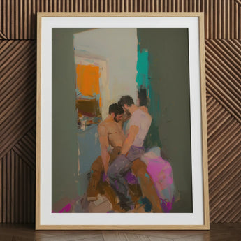 Grungy gay romance art print, framed, abstract figures embracing.