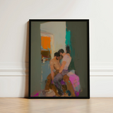 Black-framed Abstract Painting Two Figures Intimate Embrace Rendered Grungy Gay Romance, Art, Print