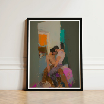 Black-framed Art Print Abstract Colorful Depiction Two Figures Grungy Gay Romance