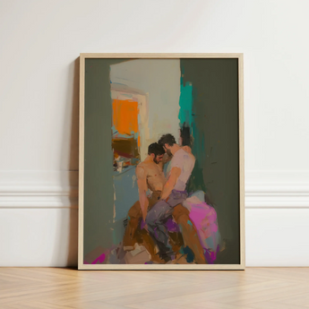 Framed Abstract Painting Two Figures Intimate Pose Rendered Grungy Gay Romance, Art, Print
