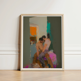Framed Abstract Painting Two Figures Intimate Embrace Rendered Grungy Gay Romance, Art, Print