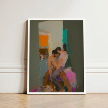 Framed Abstract Painting Two Figures Intimate Pose Rendered Grungy Gay Romance, Art, Print
