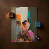 Rectangular Abstract Painting Two Figures Intimate Embrace Rendered Grungy Gay Romance, Art, Print