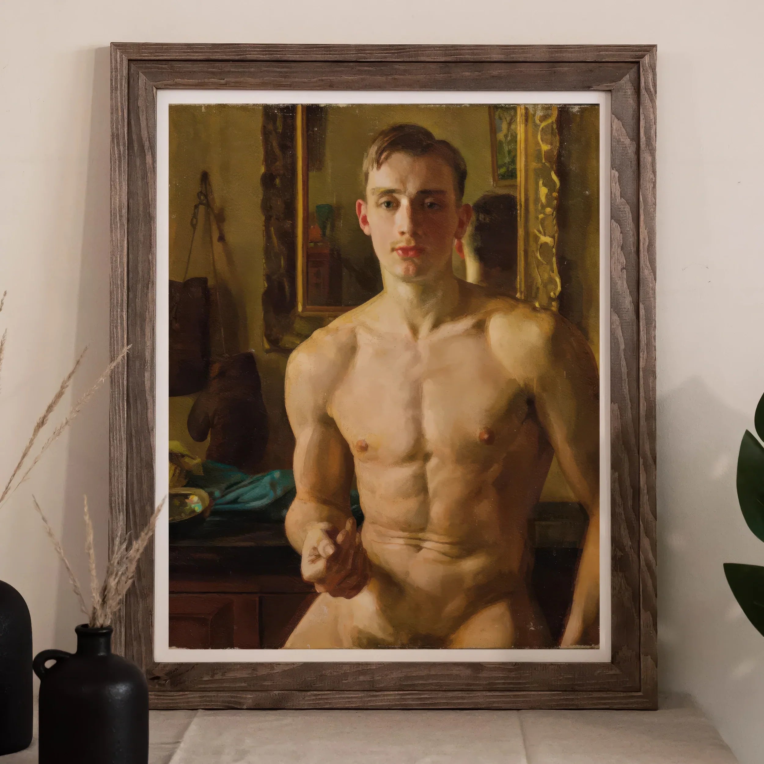 The Boxer Konstantin Andreevic Somov Art Print, Framed Painting Shirtless Young Man Muscular Physique