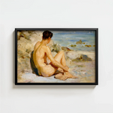 Black-framed Reproduction Classical Oil Painting Nude Male Figure Scott Tuke Cornish Art, Body’s Mute Architecture, Soft Umbers Lap