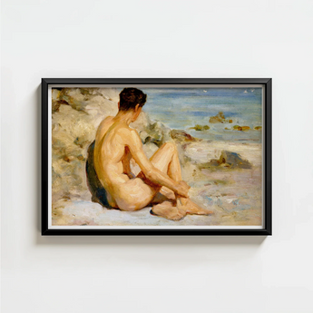 Black-framed Reproduction Classical Oil Painting Nude Male Figure Scott Tuke Cornish Art, Body’s Mute Architecture, Soft Umbers Lap