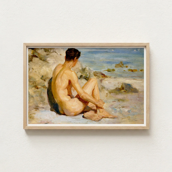 Framed Oil Painting Nude Male Figure Rocks Sea Scott Tuke Cornish Art, Body’s Mute Architecture, Soft Umbers Lap