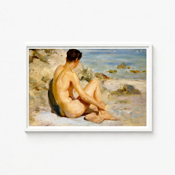 White-framed Reproduction Classical Oil Painting Nude Male Figure Scott Tuke Cornish Art, Body’s Mute Architecture, Soft Umbers Lap